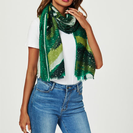 Gold Foil Abstract Brush Print Fringed edges Scarf In Green