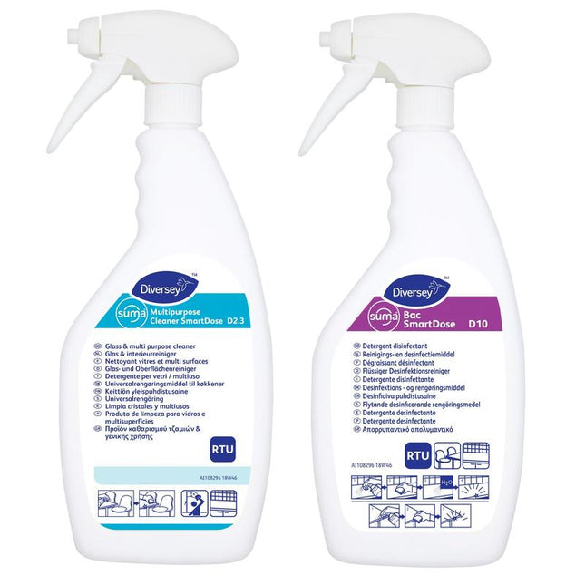 Leerflaschen für Suma SmartDose D2.3 und D10, 750 ml Sprühflasche, Etiketten für D2.3 und Suma Bac D10 | Karton (6 Flaschen)