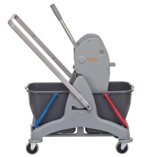 TASKI Duo Mop Zweieimer- System, Mit zwei Eimern à 15 l rot und blau (blau=Sauberwasser rot=Schmutzwasser), Fahrgestell, Deichsel und Presse | Packung (1 Stück)