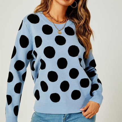 Comfy Knit Black Polka Dot Pattern Jumper Top In Blue