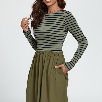 Long Sleeve Stripe Mini Dress In Olive