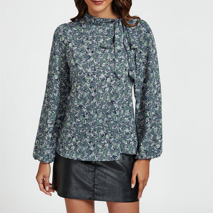 Floral Print Side Tie Blouse Top In Blue