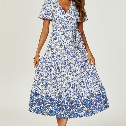 Floral Border Print Hem Tiered Midi Dress In White