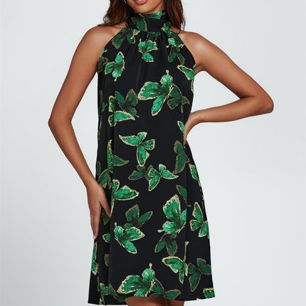 Butterfly Print Halter Neck Tie Back Mini Dress In Green