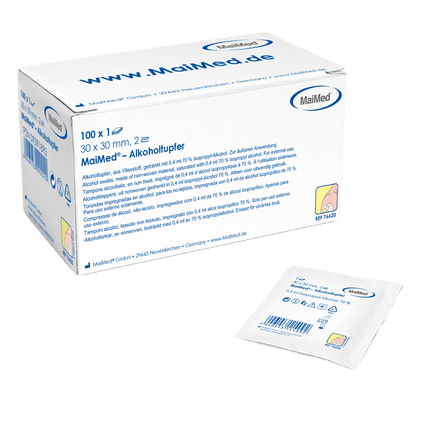 MaiMed Alkoholtupfer 30 x 30 mm weiß Vliesstoff zweilagig | Box (100 Stück)