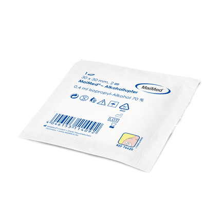 MaiMed Alkoholtupfer 30 x 30 mm weiß Vliesstoff zweilagig | Box (100 Stück)