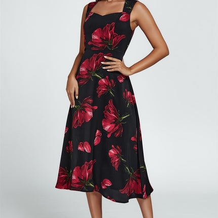 Floral Print Heart Neck Midi Dress In Black