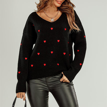 Embroidery Red Heart V Neck Jumper In Black