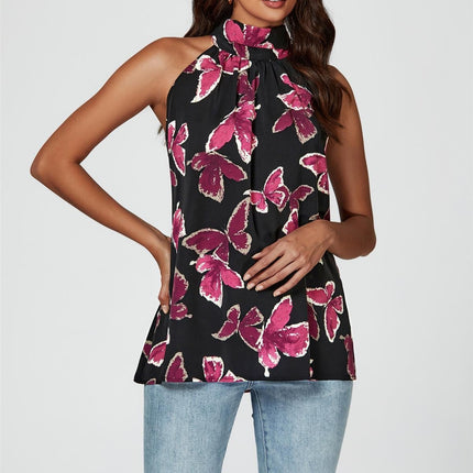 Butterfly Print Halter Neck Tie Back Top In Black