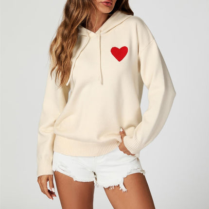 Heart Embroidery Knitted Hoodie In Cream