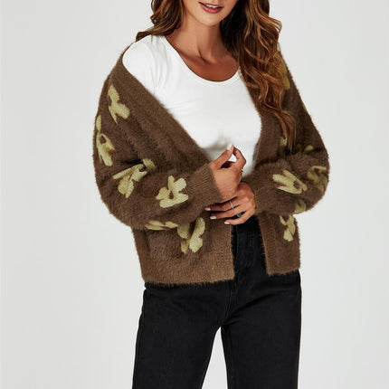 Flowers Pattern Knitted Cardigan In Brown