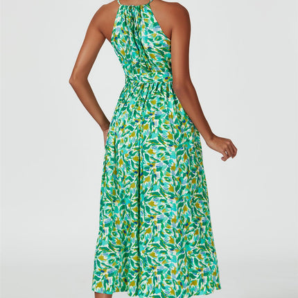 Abstract Print Tie Halterneck Maxi Dress In Green