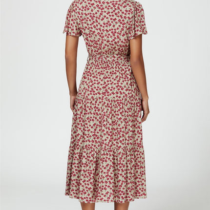 Pink Floral Print Wrap Midi Dress In Beige