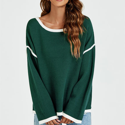 White Striped Oversized Jumper Top In Dark Green