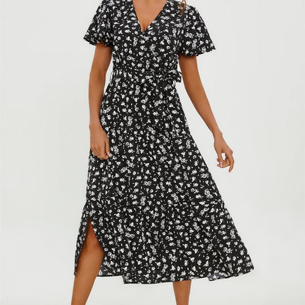 White Floral Print Hem Tiered Wrap Midi Dress In Black