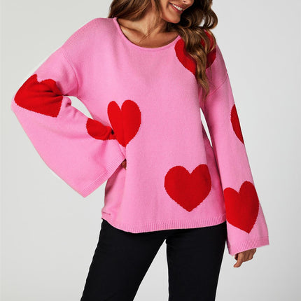Wide Sleeve Oversize Red Jumper With Pink Heart