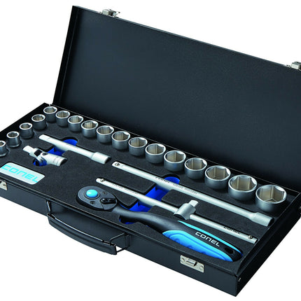 Steckschlüssel-Satz 1/2" 23-teilig (10–32 mm) matt verchromt im Metallkoffer – CONEL