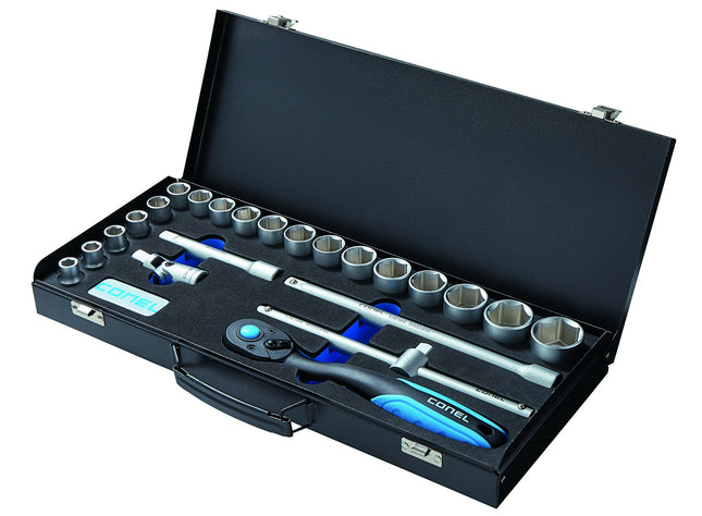 Steckschlüssel-Satz 1/2" 23-teilig (10–32 mm) matt verchromt im Metallkoffer – CONEL