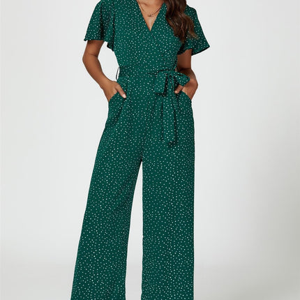 Dot Print Wrap Top Jumpsuit In Green