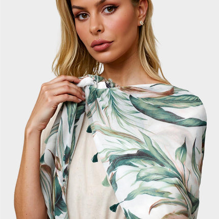 Green Leaf Print Tassel Scarf In White