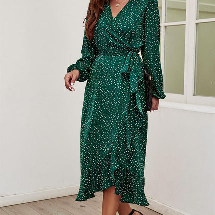 Long Sleeve Wrap Midi Dress In Green