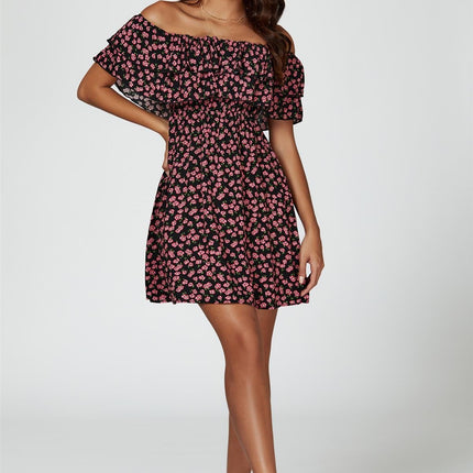 Floral Print Bardot Frill Mini Dress In Black