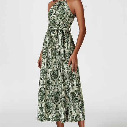 Green & Beige Floral Print Tie Halterneck Maxi Dress
