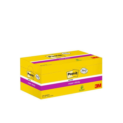 Post-it® Super Sticky Notes, Gelb, 76 mm x 76 mm, Promotion, 90 Blatt/Block, 14 Blöcke + 2 Gratis/Packung, 100% PEFC, SGSCH-PEFC-COC-110078 | Packung (1 Stück)