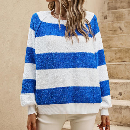 Blue Stripe Relaxed Knit Jumper Top In White