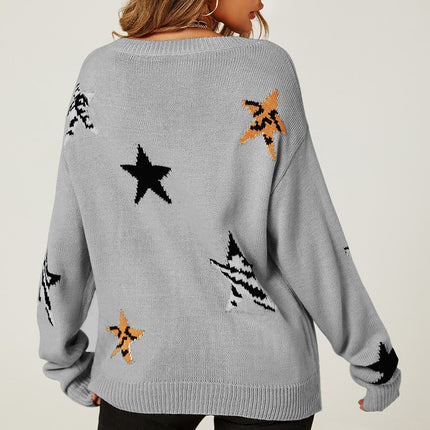 Relaxed Soft V Neck Animal Star Pattern Jumper Top In Beige