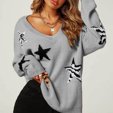 Relaxed Soft V Neck Animal Star Pattern Jumper Top In Beige