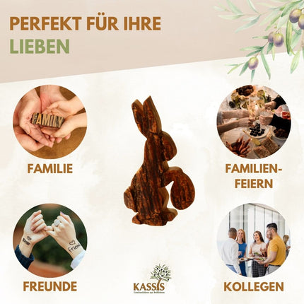 Osterhase mit Ei aus Olivenholz mit Rinde | Liebevolle Tischdeko & Osterdeko für Frühling und Ostern