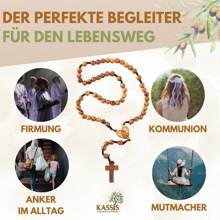 Rosenkranz aus Olivenholz mit Herz und Maria (42 cm) | Gebetskette als Geschenk zur Taufe, Kommunion & Firmung