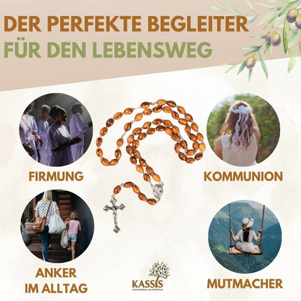 Rosenkranz mit ovalen Perlen aus Metall & Erde | Gebetskette mit Kreuz als Geschenk zur Taufe, Kommunion & Firmung