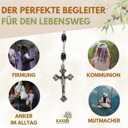 Rosenkranz mit ovalen Hämatitperlen (53 cm) | Gebetskette mit Metallkreuz, Geschenk zur Taufe, Kommunion & Firmung