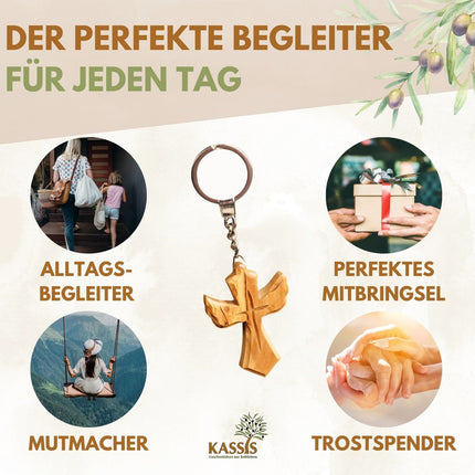 Schlüsselanhänger Kreuz in Engel-Form aus Olivenholz | Schutzengel Glücksbringer als Geschenk zur Taufe, Kommunion & Geburtstag
