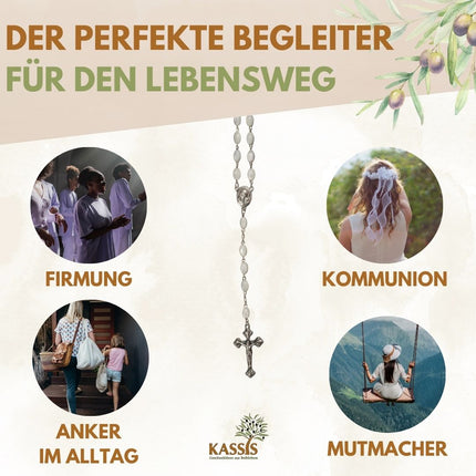Rosenkranz mit ovalen Perlmuttperlen (55 cm) | Elegante Gebetskette mit Kreuz als Geschenk zur Taufe, Kommunion & Firmung