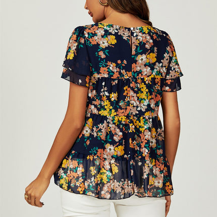 Floral Print Hem Tiered Smock Short Sleeve Blouse Top In Navy