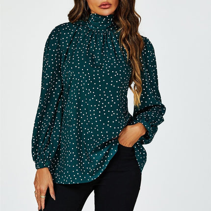 Polka Dot Print Long Sleeve Back Tie Blouse Top In Green
