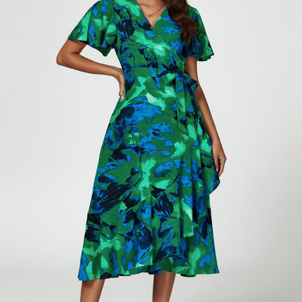 Abstract Print Midi Wrap Dress In Green