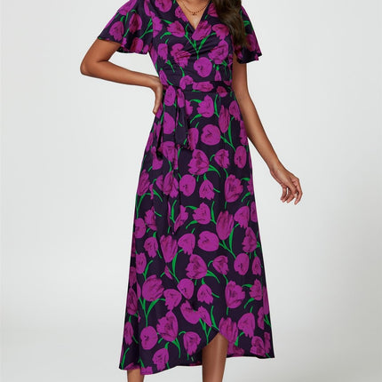 Floral Print Satin Wrap Maxi Dress In Magenta