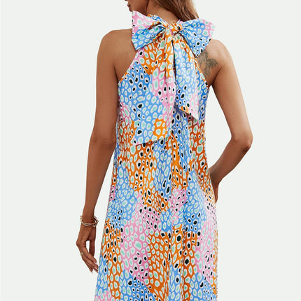 Leopard Print Halter Neck Tie Back Mini Dress In Pink & Blue & Yellow