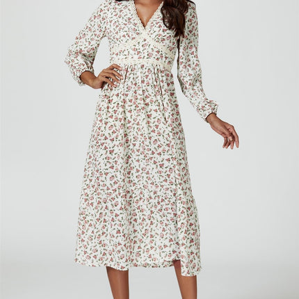 Floral Print Long Sleeve Midi Dress In White