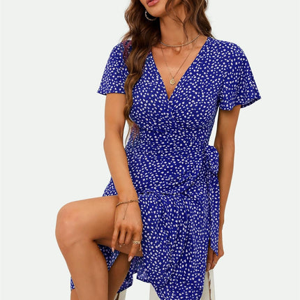 Floral Print Mini Wrap Dress In Blue