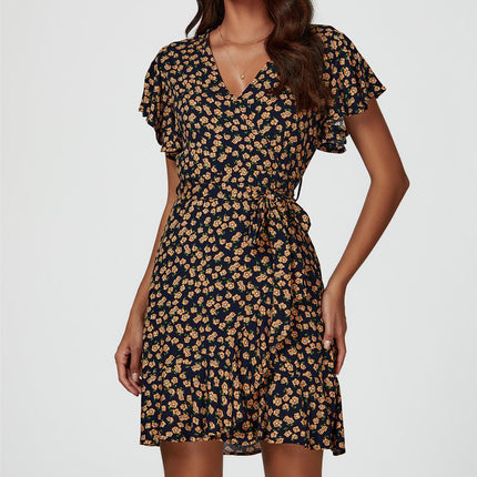 Floral Print Wrap Top Dress In Navy