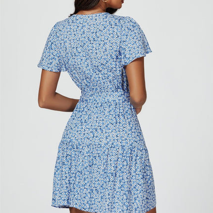 Floral Print Hem Tiered Wrap Mini Dress In Blue