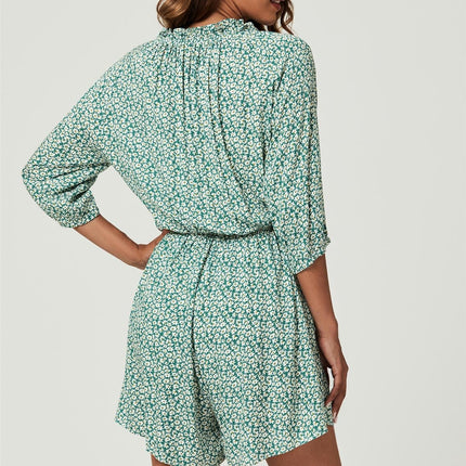 Daisy Floral Print Boho Playsuit With Buttons In Green