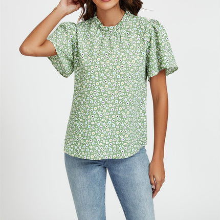 Little Floral Print Angle Sleeve High Neck Top/Blouse In Green