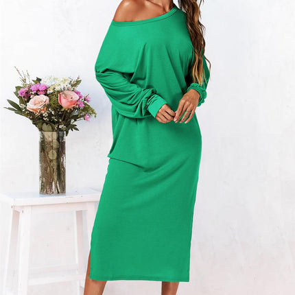 Oversized Midaxi Long Sleeve Slit Jersey Dress In Green