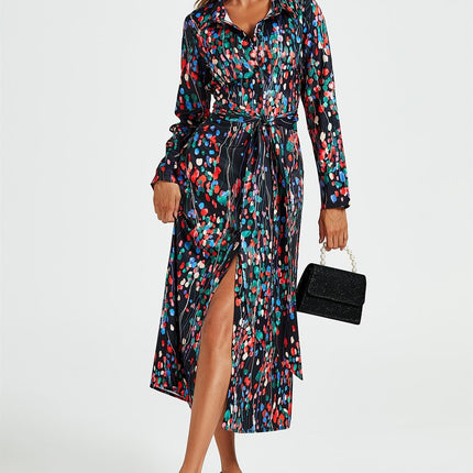 Abstract Floral Print Shirt Midi Wrap Dress In Black
